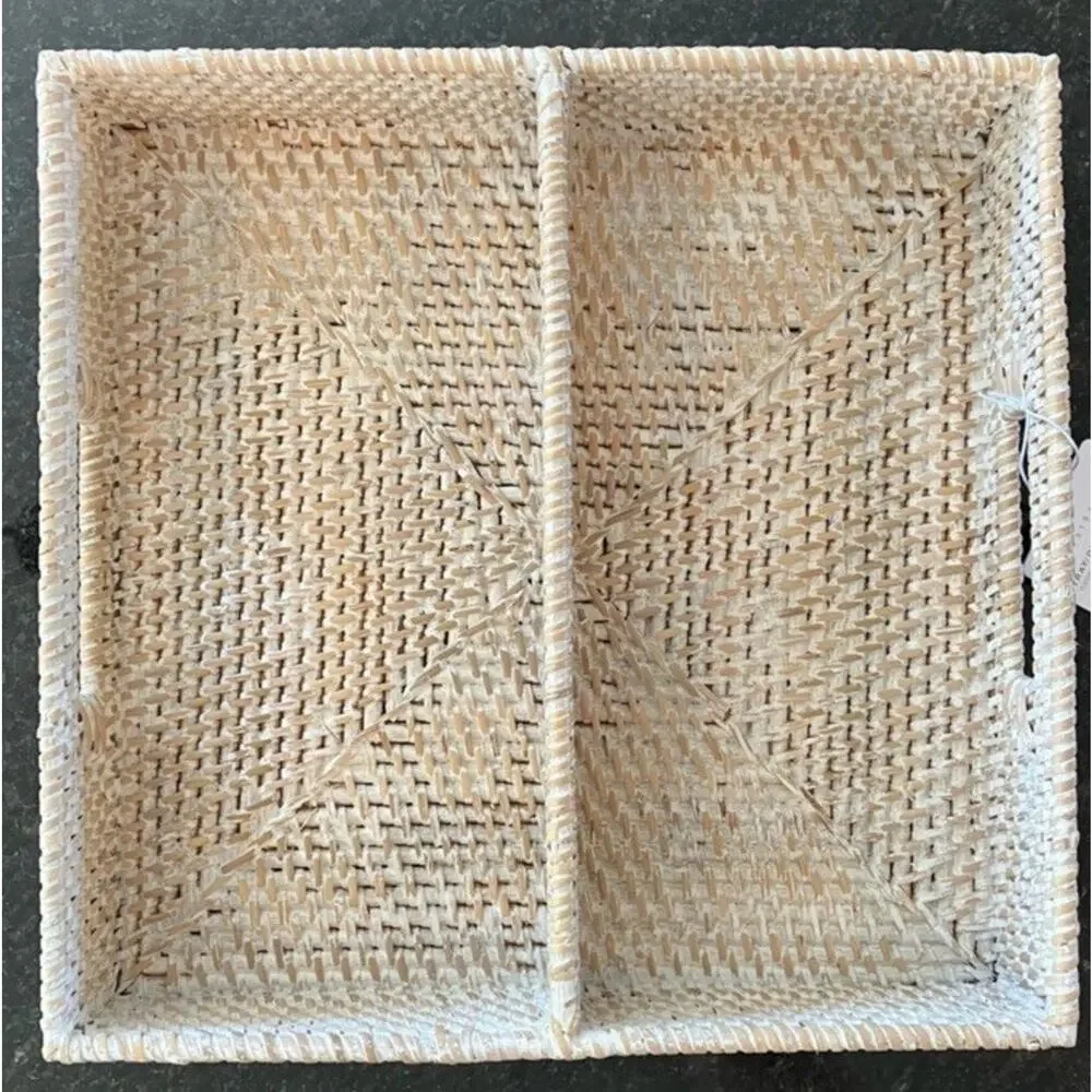 New Pottery Barn Tava Handwoven Rattan Sorting Tray Basket With Handle Whitewash